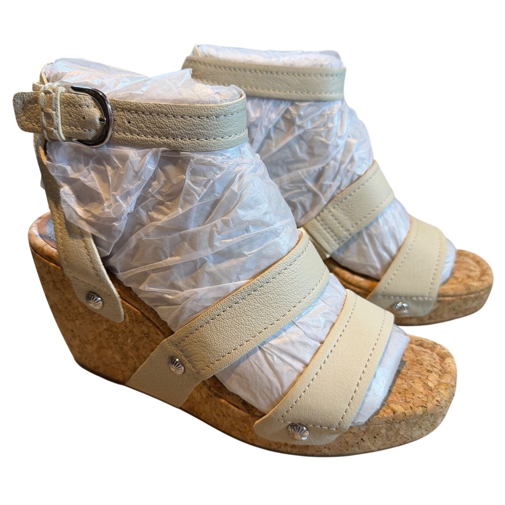 Lucky Brand Valintina Wedge Sandals Bone Waxy Leather Cork Platform Womens 11M